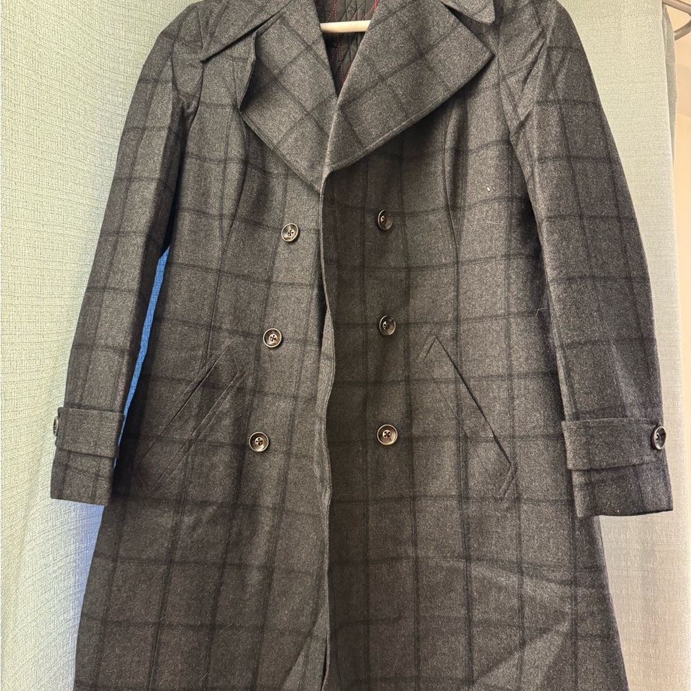 Womens Gray Plaid Woolen Insulated Pea Coat